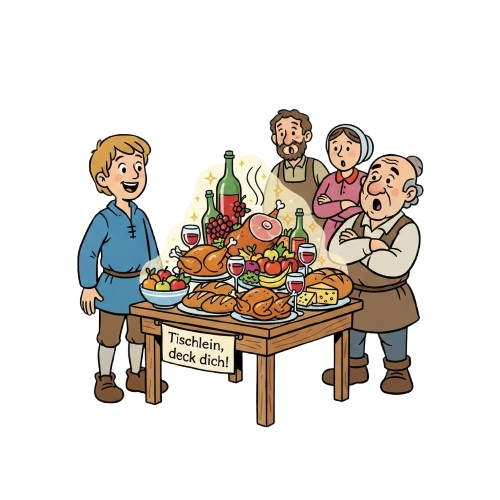 Tischlein deck dich, Goldesel und Knüppel aus dem Sack